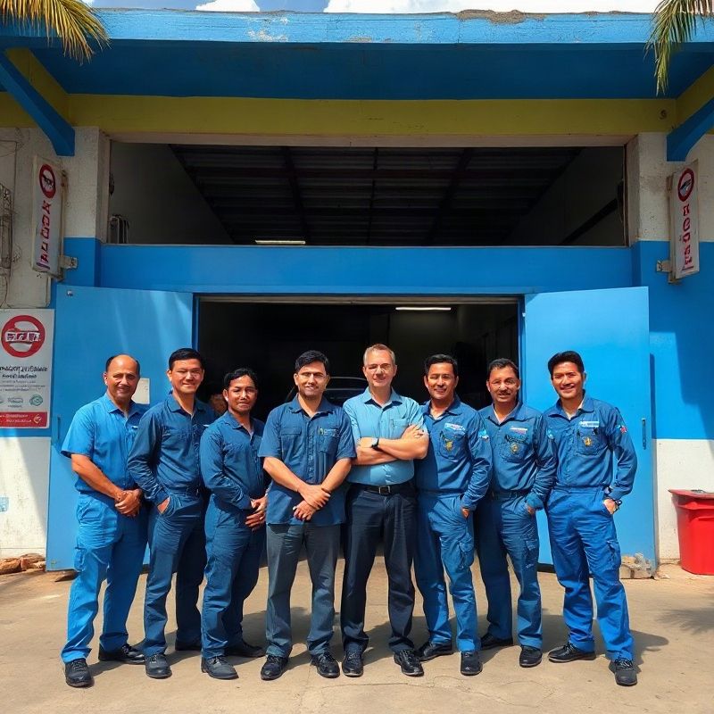 Equipe de seis mecânicos e dois técnicos em frente à fachada da oficina Weekendnotem