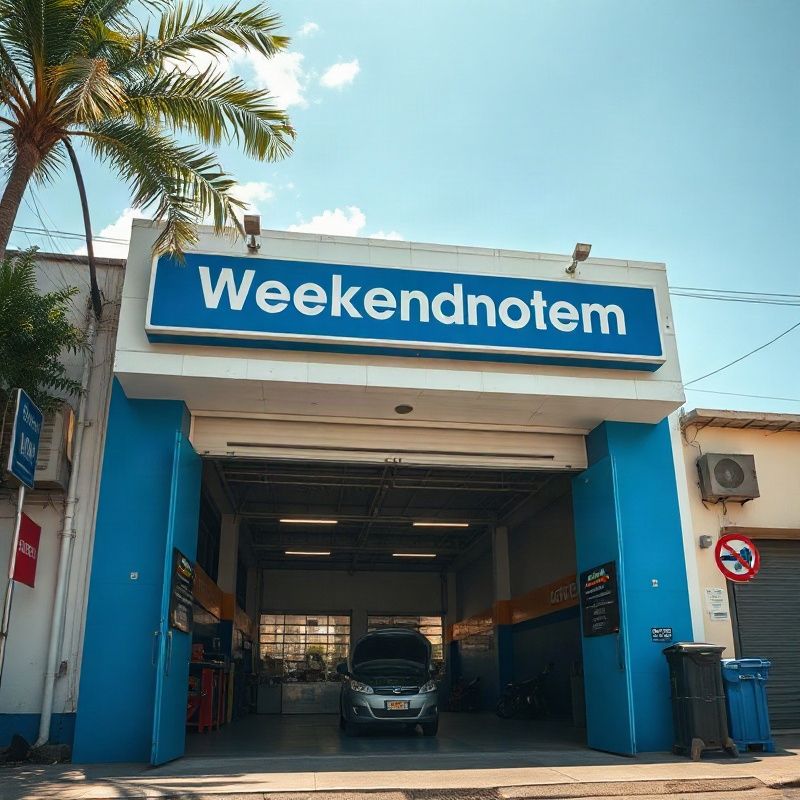 Fachada da oficina Weekendnotem na Av. Brasil, com placa azul e portas abertas