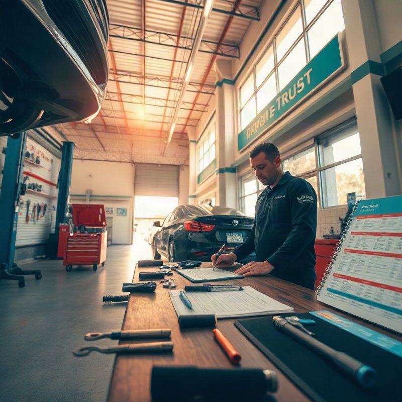 Piso da oficina com ferramentas organizadas e mecânico preenchendo checklist de serviço