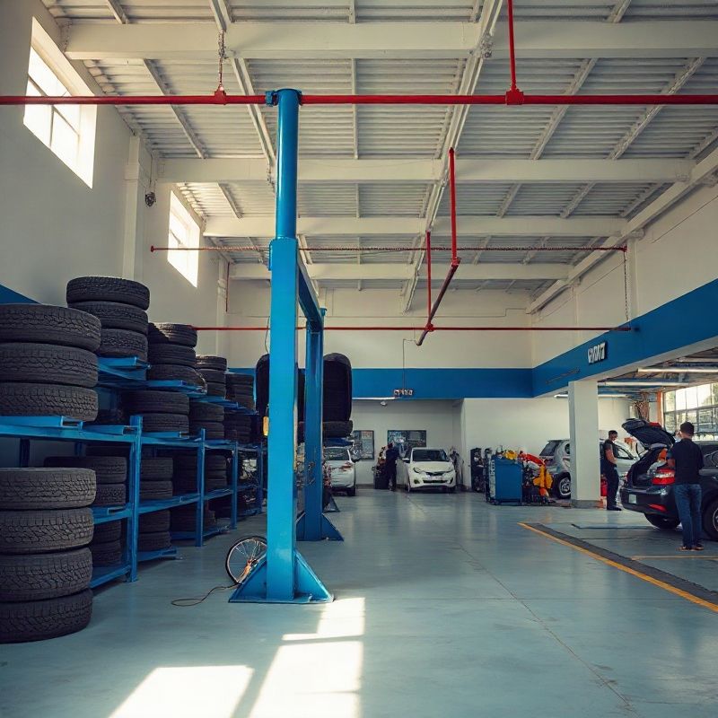Interior de oficina auto brasileira com quatro baias, pneus organizados e mecânicos trabalhando